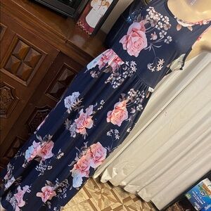 Navy Floral Sleeveless Maxi Dress with Pink Roses